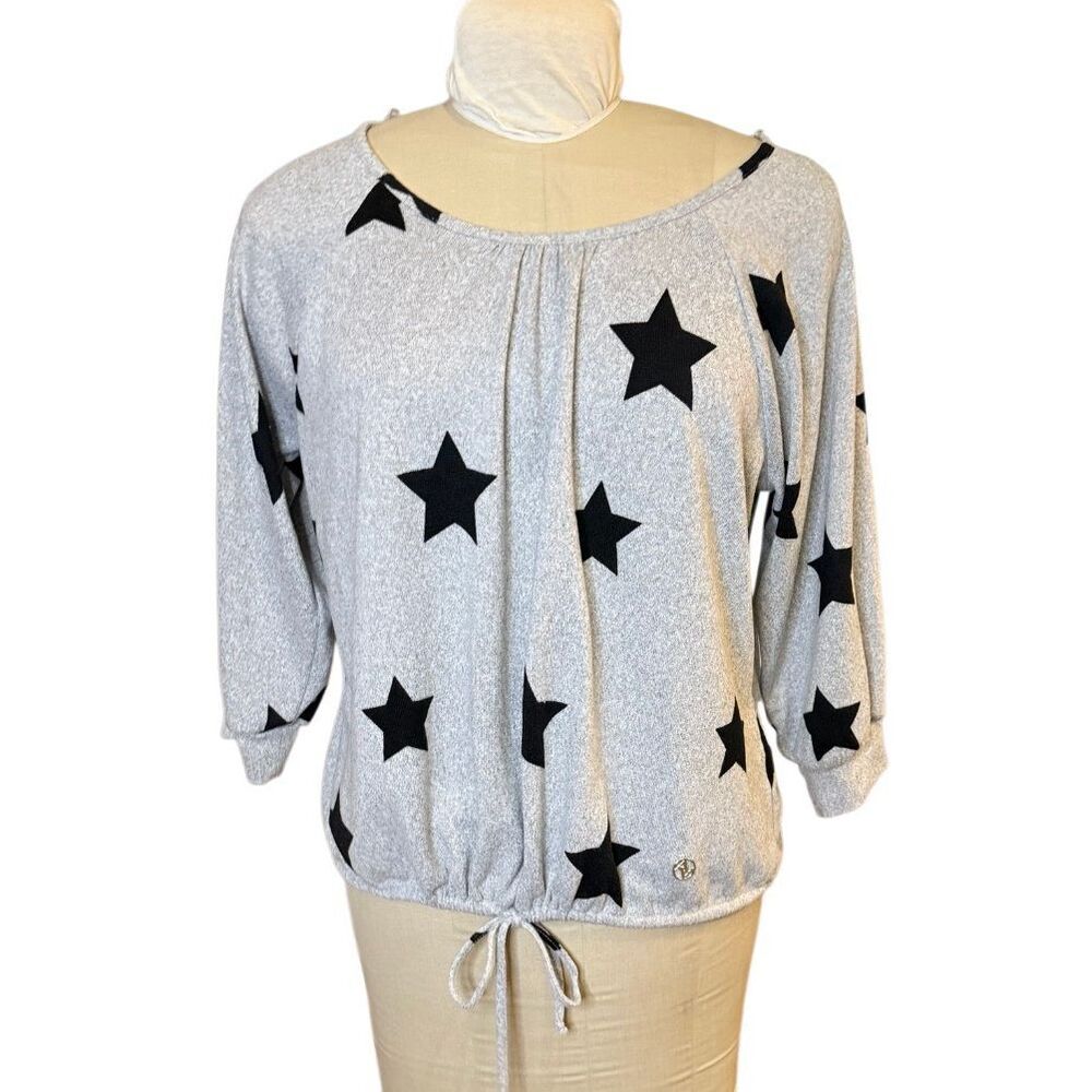 Adrienne Vittadini Women’s Gray Sweater Black Stars 3/4 Sleeves Drawstring Plus
